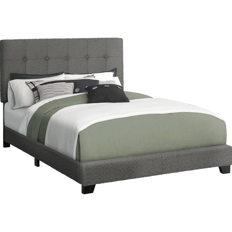 Cadre de lit double capitonné gris foncé Boucle, approprié pour un décor de chambre à coucher transitionnel, structure et structure en bois massif, profil bas avec rembourrage confortable pour chambre à coucher, fabrication d'ingénierie,