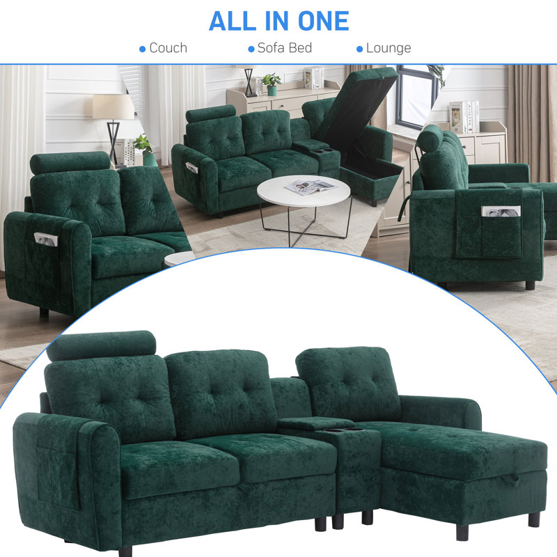 Upholstered L-Shaped Sectional Left Hand Facing, Emerald 100% Polyester