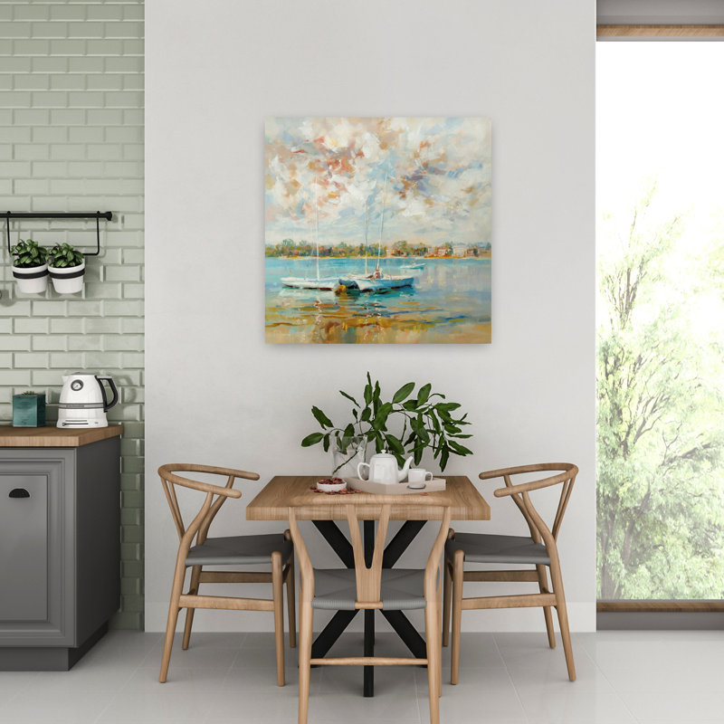 Au bord de l'eau, art abstrait de paysage côtier, H 32 po x l 32 po