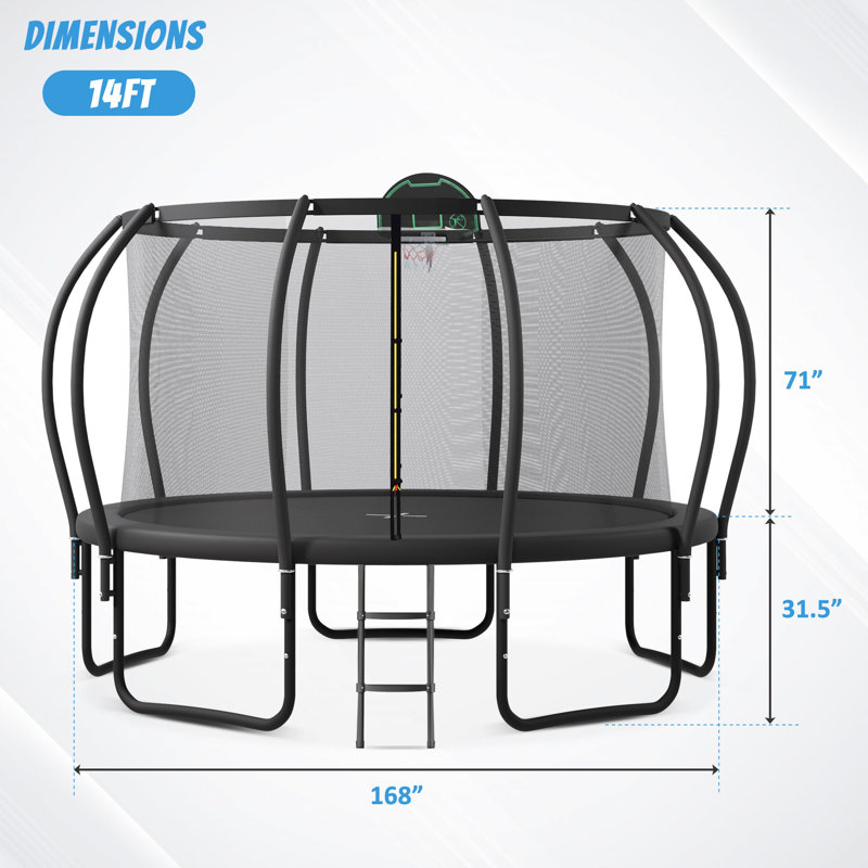 14 ft Black Round Kids' Trampoline with Enclosure