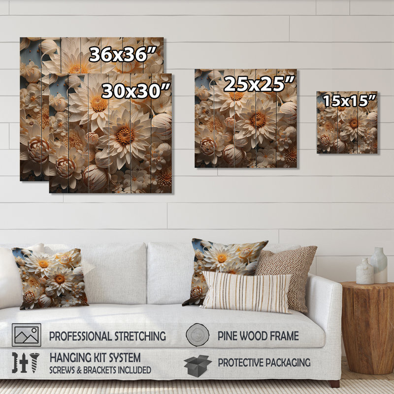 «White and Orange Daisy Efflorescence Waltz» - marguerites blanches, art mural sur bois de pin naturel, H 15 po x l 15 po
