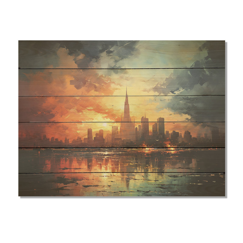 Modernisme, horizon urbain, art sur bois de pin naturel, H 10 po x l 20 po