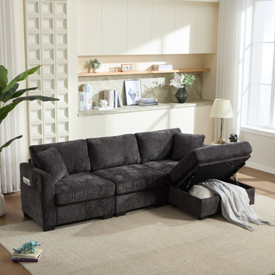 Modern Storage Sofa with Dual USB, 2 Side Pockets,Ottoman Storage Bench Cloud Sectional Chenille Sofa Oversized,4-Seat, L-Shaped Couch