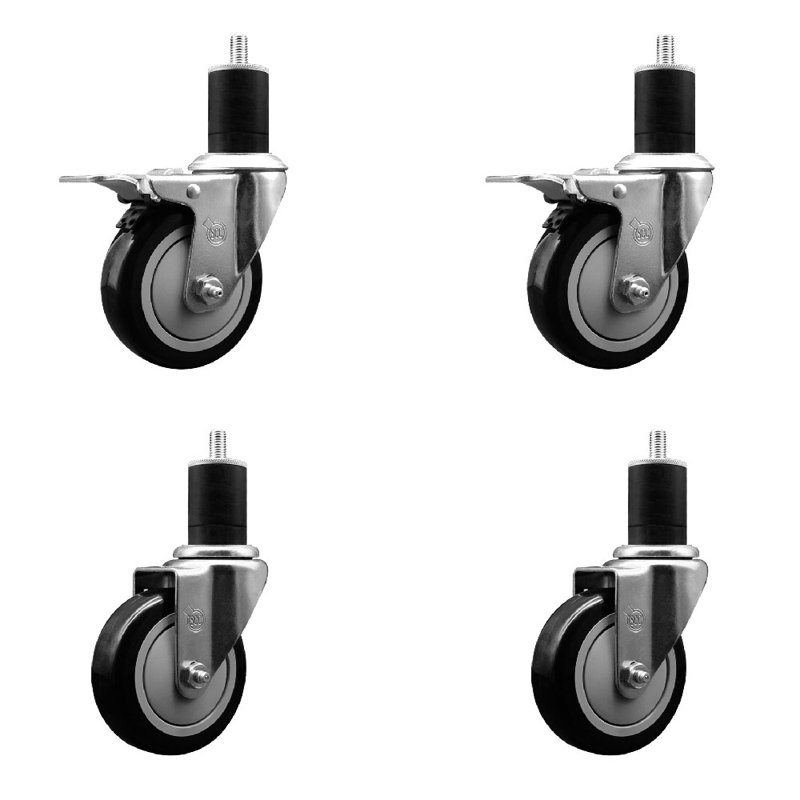 Ensemble de roulettes à tige extensible en polyuréthane rotatif 4 po 4 po, Noir