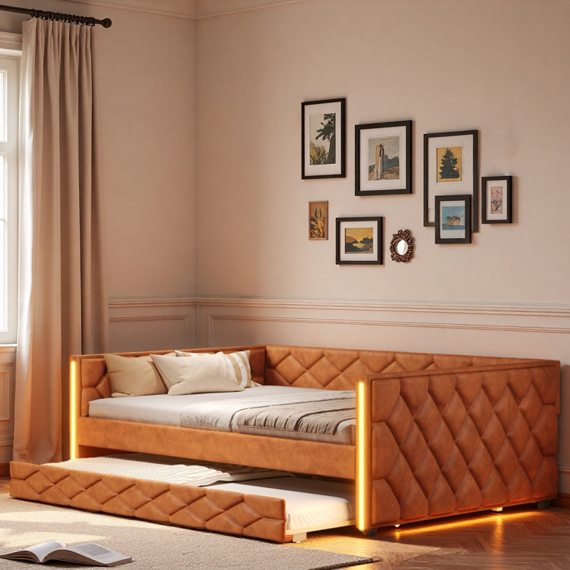 Upholstered Daybed With Trundle And Led, Brown