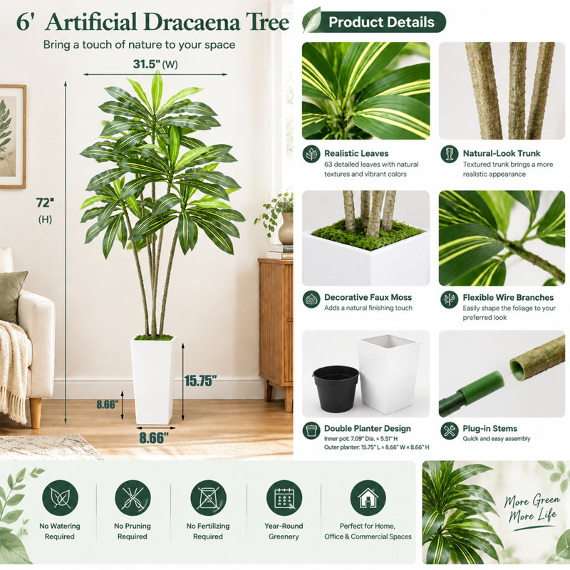 72in Artificial Dracaena Tree with White Planter