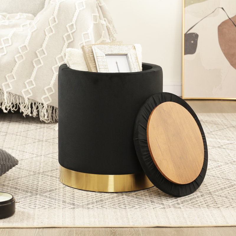 Velvet Round Storage Ottoman With Tray Top, Black