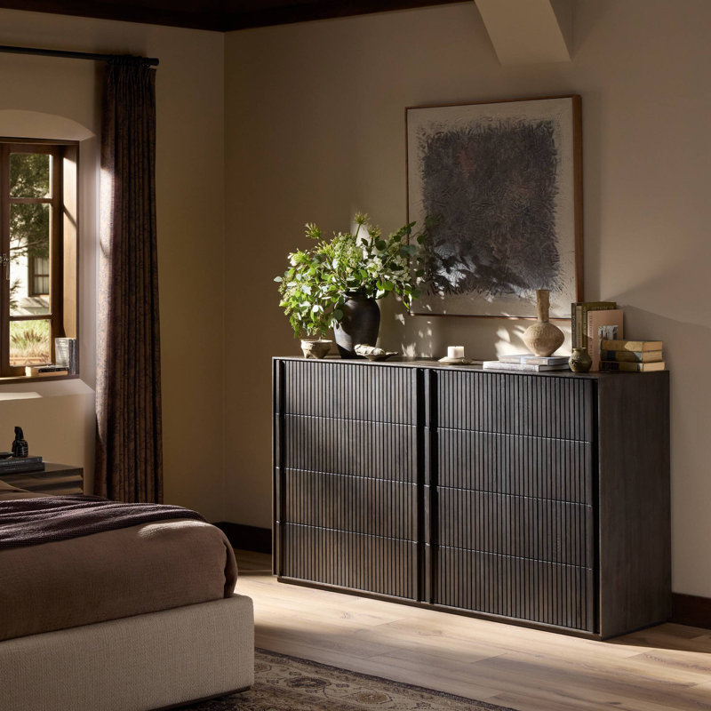 Leo 8 Drawer Dresser-Rustic Light Natural Oak, Smoked Black