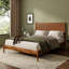 Lit plateforme en bois d'acacia massif avec tête de lit en cuir végétalien tissé à la main, cadre de lit de style Mid-Century moderne, aucun sommier nécessaire, couleur caramel-132741640-132741641