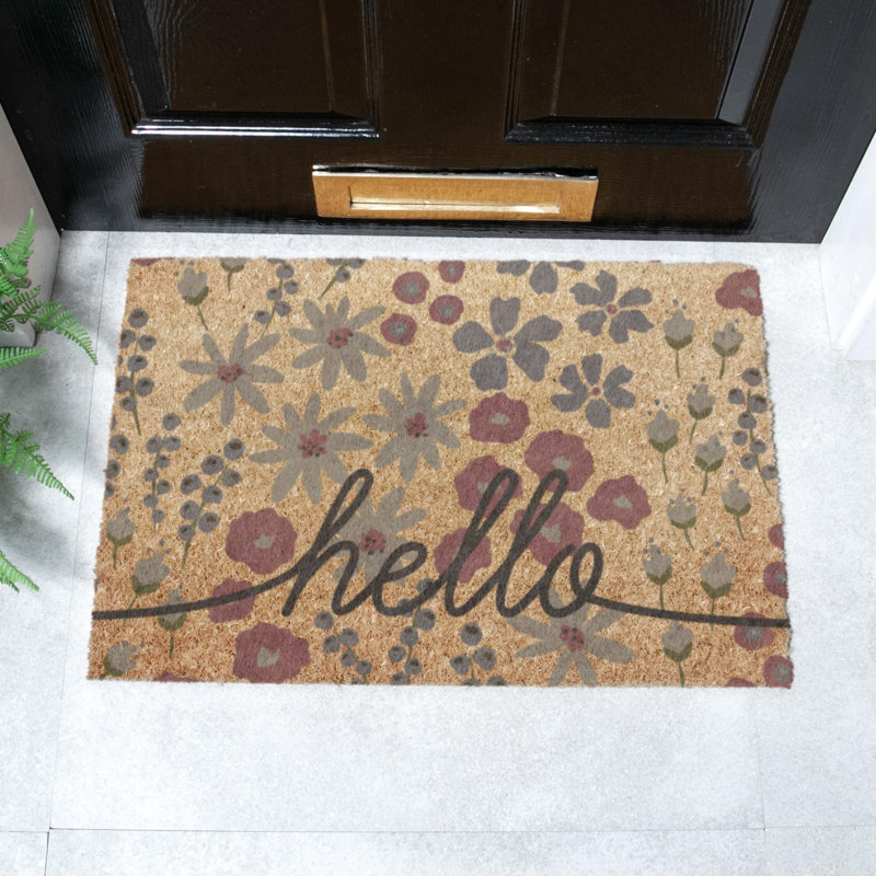 Hello Scribbly Floral Coir Doormat, Dark Brown, 40cm W x 60cm L