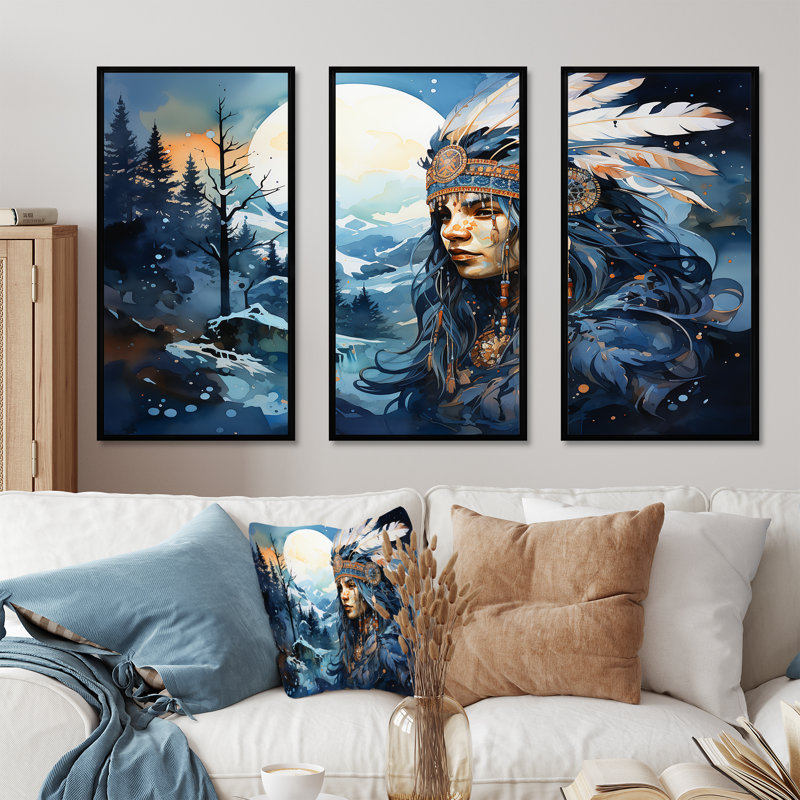 «Night Iroquois Queen Expression - Native American», ensemble d'art sur toile, Cadre flottant noir