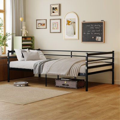 Lit mezzanine pour enfants, lit en métal de style canapé-lit, barrière de sécurité de 11,8 pouces, peu encombrant, noir.