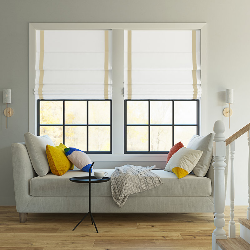 Store romain simple sans cordon 100% Sun Zero Olander, L 33 po x L 64 po, Jaune / Blanc