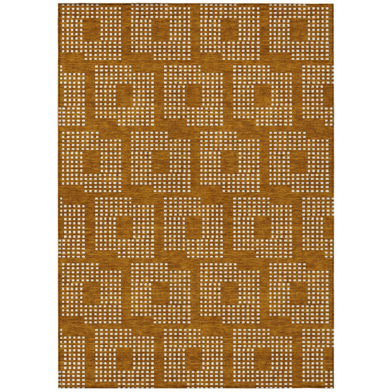 Tapis extérieur lavable 8 pi x 10 pi en terre cuite et ivoire à motif géométrique