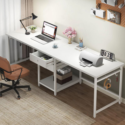79-Inch Two Person Computer Desk With Drawers And Storage Shelves, Extra Long Double Workstation Table With Hooks, Industrial Writing Desk For Home Office, White