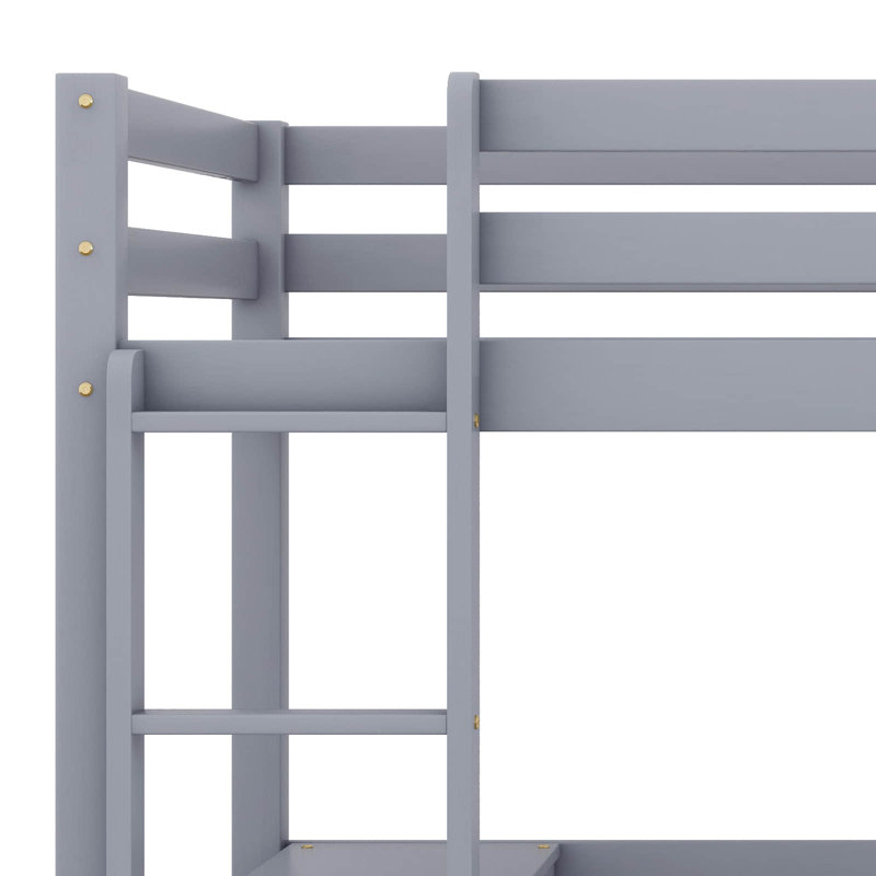 Twin Rubber Wood Loft Bed With Desk, Solid Pine Wood Frame With Ladder And Safety Guardrails, Gray