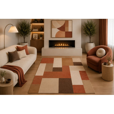 Tapis de style moderne du milieu du siècle, 152 x 213 cm, motif abstrait terracotta, brun et beige, idéal pour le salon, la chambre à coucher, la salle à manger ou le bureau. Dos en silicone antidérapant, poils courts.