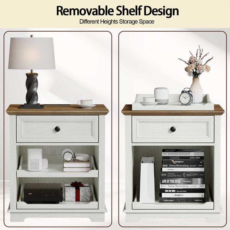 1 Drawer Sets Nightstands with Storage Tray and Built-in Charging Station, White