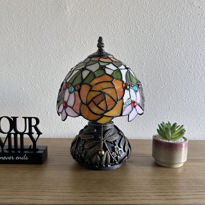 Standwood Tiffany Mini Table Lamp Red Orange Stained Glass Rose Flowers Included LED Bulb 12"H*8"W*8"D