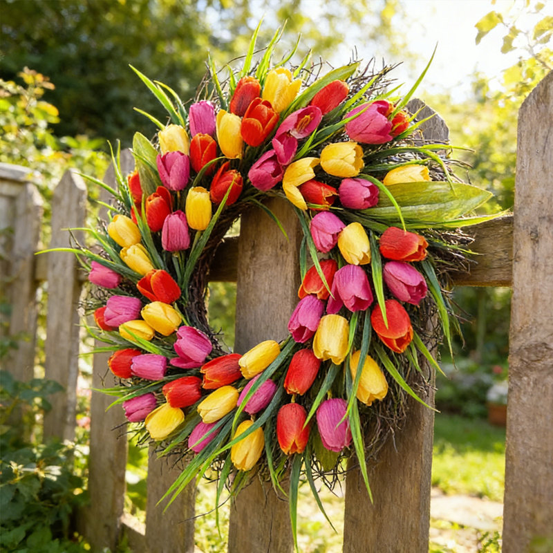 45cm/17.72in Artificial Imitation Silk Tulip Rattan Decorative Wreath for Valentine's Day, Mother's Day, Spring &Summer Festivals, Mantelpieces, Doors, Windows, Wall Decorative Wreaths