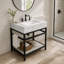 Meuble-lavabo en marbre de Carrare de 61 cm avec lavabo, console en acier inoxydable et tablette de rangement en verre-104733355