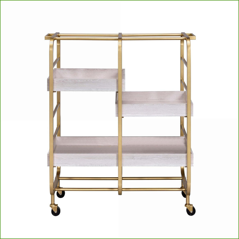 Chariot de service avec 3 plateaux réglables 4 roulettes | Or / blanc | Bois et métal, Doré / Blanc