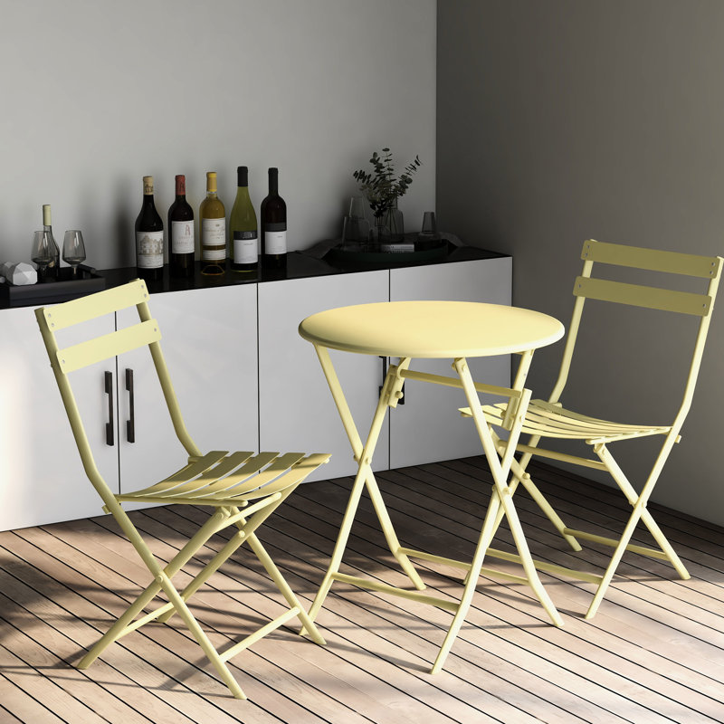 Ensemble bistro 3 pièces pour terrasse en jaune - Chaises et table pliantes en métal pour le jardin