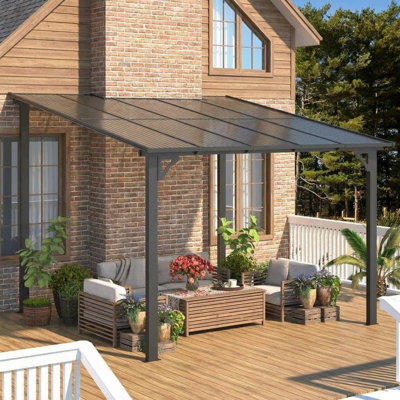 Pavillon de jardin mural, toit rigide incliné avec toit incliné et gouttières, auvent extérieur robuste pour patio, terrasse, porche, cour arrière