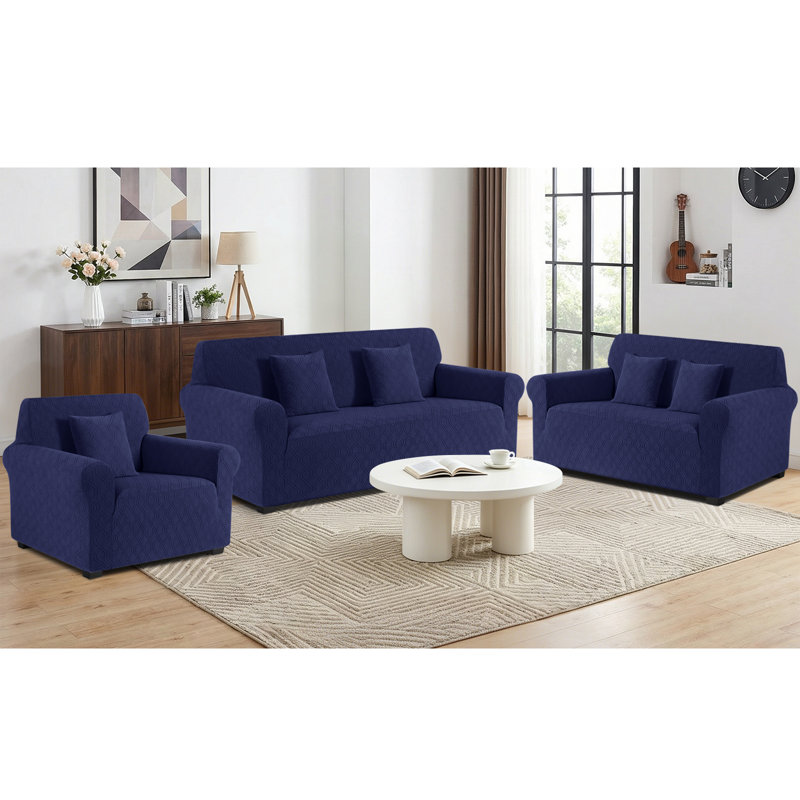Wald 3 Seat Stretch Jacquard All Seasons Sofa Slipcovers 1-Piece Couch Sofa Covers With 2 Pillow Cover, Dark Blue