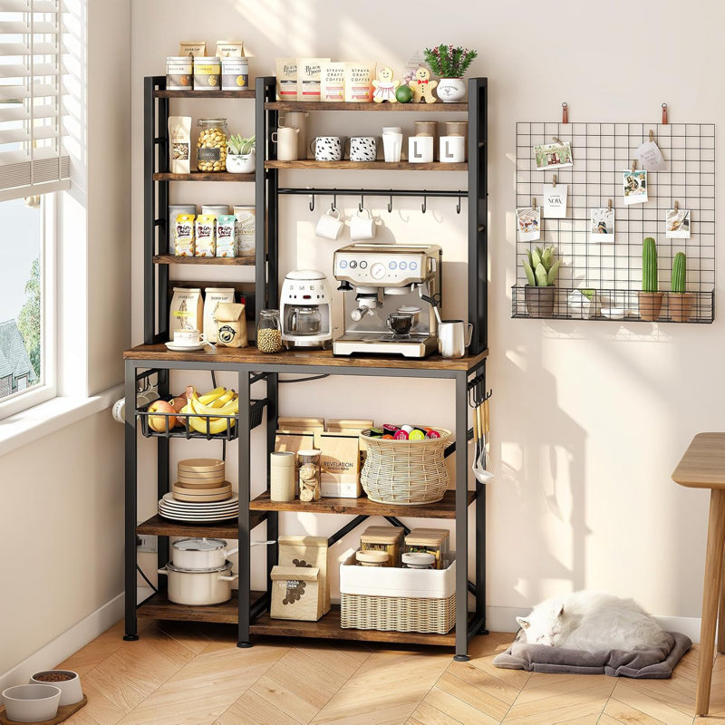 Rustic Brown and Black Adjustable Kitchen Baker's Rack with Power Outlet