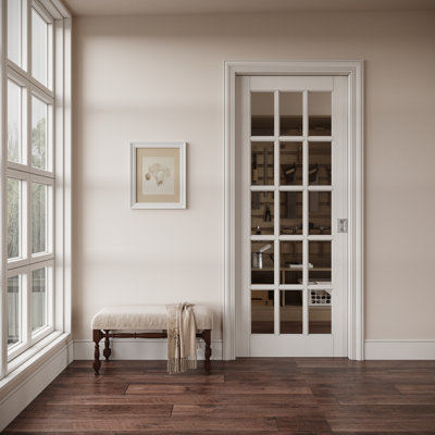 Interior Primed 15-Lite Clear Glass Sliding Pocket Door Solid Wood Pantry Door With Privacy Pocket Lock