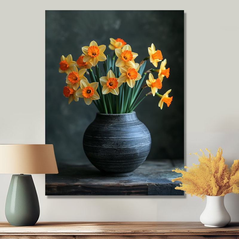 Monochromes jaunes et oranges en pot gris I - jonquilles, Sans cadre, métal, H 34 po x l 44 po