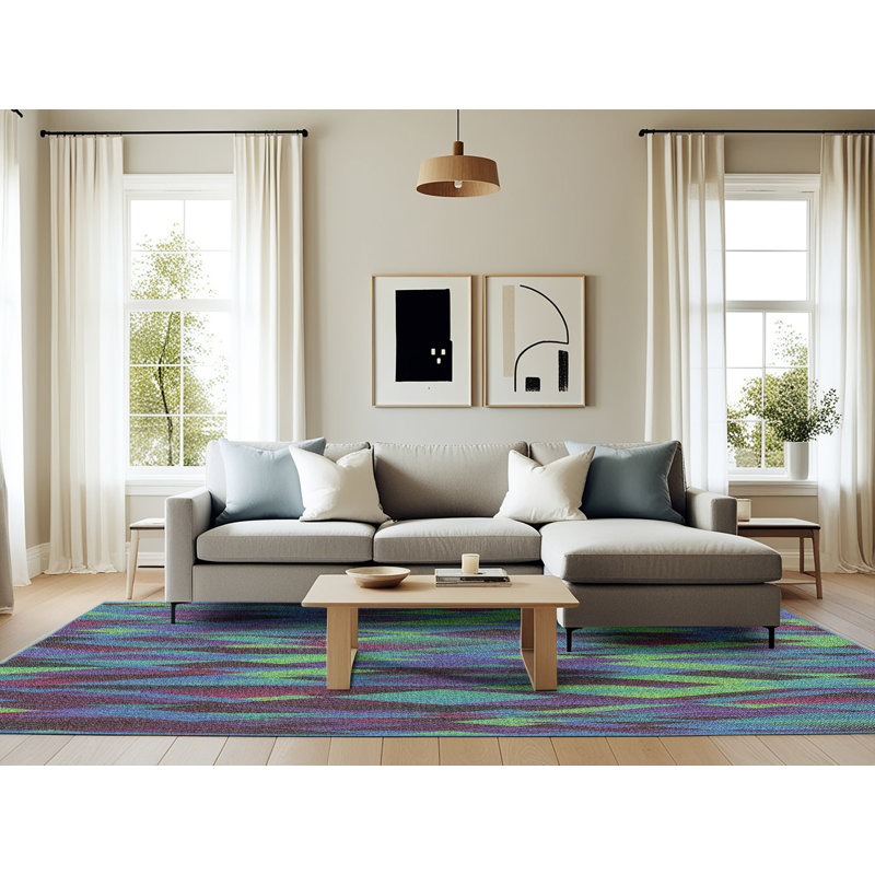 Tapis vert/brun/bleu à motif, Rectangle 6 pi x 9 pi