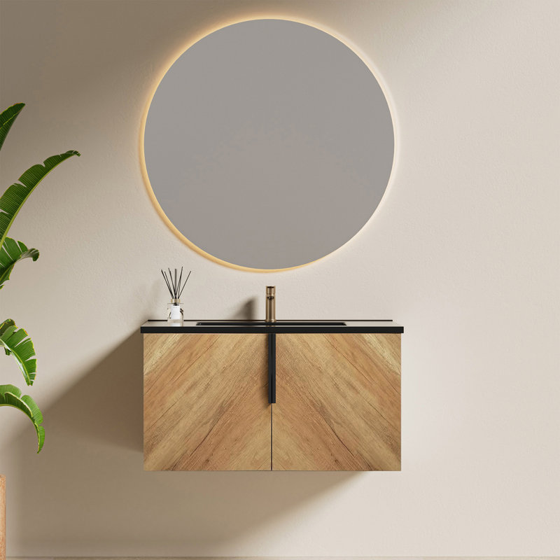 Ensemble de meuble-lavabo mural flottant simple 30 po avec lavabo en céramique intégré noir et armoire à grain de bois à chevrons