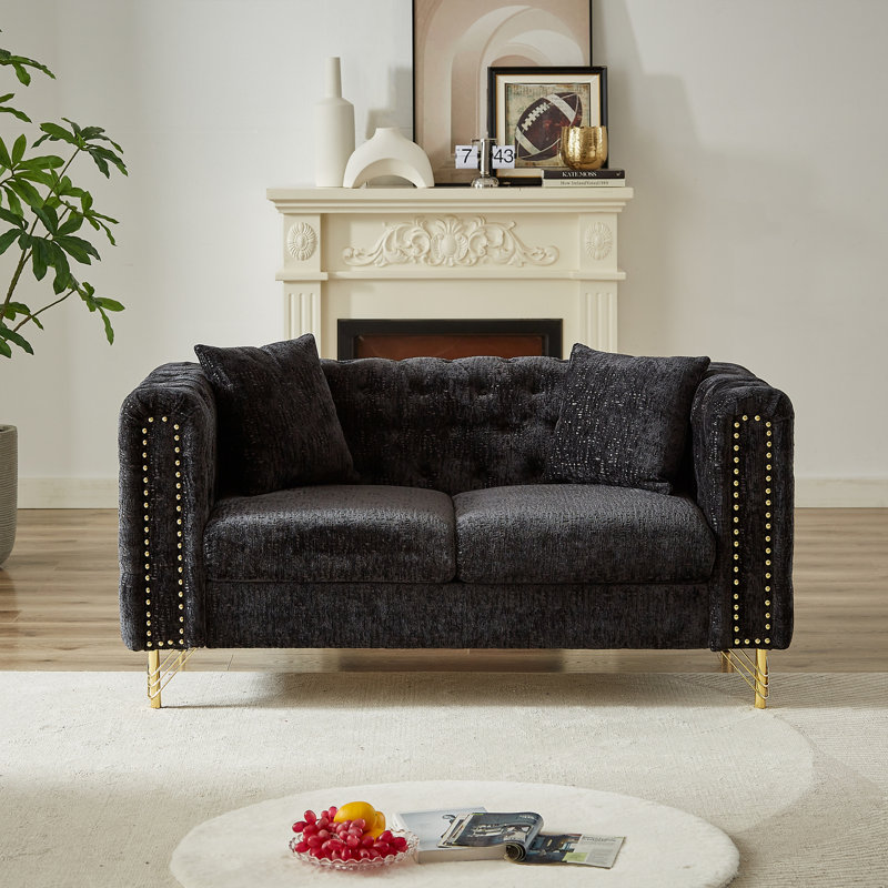 LUSPAZ Chesterfield Sofa, Button Tufted With Copper Nailhead Trim, Metal Legs, Modern Design, Green Chenille