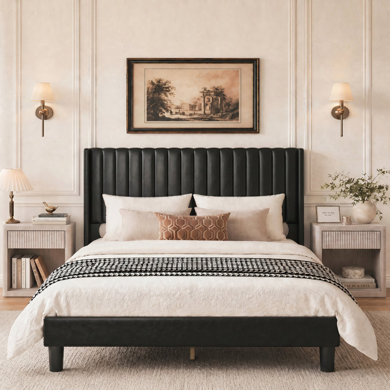 Ensemble de lit Celyn à oreilles capitonnées avec table de chevet cannelée, ensemble de meubles de chambre, Black, Queen