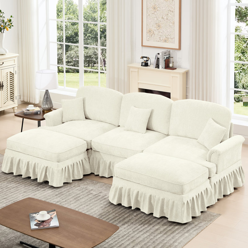Chenille, modulaire en forme de U, dossier rembourré incurvé, pieds fuselés, jupes de plis à volants amovibles, tissu doux et épais, sensation de multiples configurations,