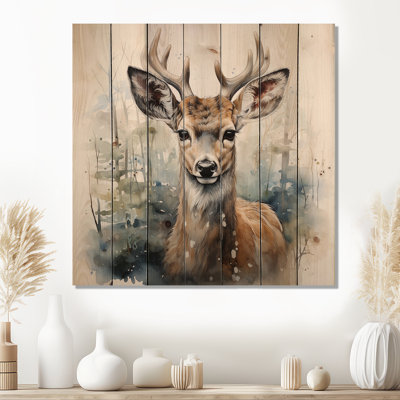 Deer Portrait Wilderness I - Deer Animal On Wood Print