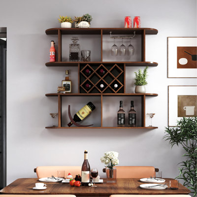 Support à vin mural multifonctionnel à 3 niveaux avec support en verre pour tablette de bar à la maison, panneau de particules en noyer, profondeur 48,2 po, largeur 8,85 po, hauteur 41,05 po, poids 50,25 lb