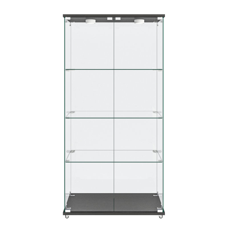 Modern Glass Display Cabinet With LED Lights, Quick-Assembly Antique Cabinet, Tempered Glass Bookshelf, Black