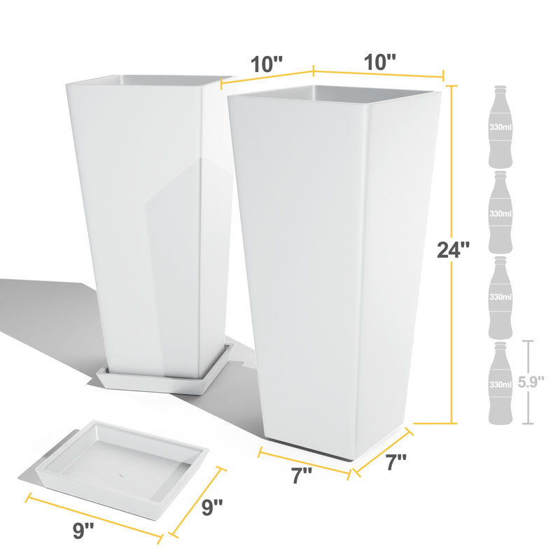 24-Inch Tall Tapered Planter Set of 2 with Tray, DIY Plastic Umbrella Stand, Large Indoor Outdoor Flower Pots with Drainage, Modern Decorative Planters for Porch, Patio, Garden, Backyard, White (Approx. 61 cm)
