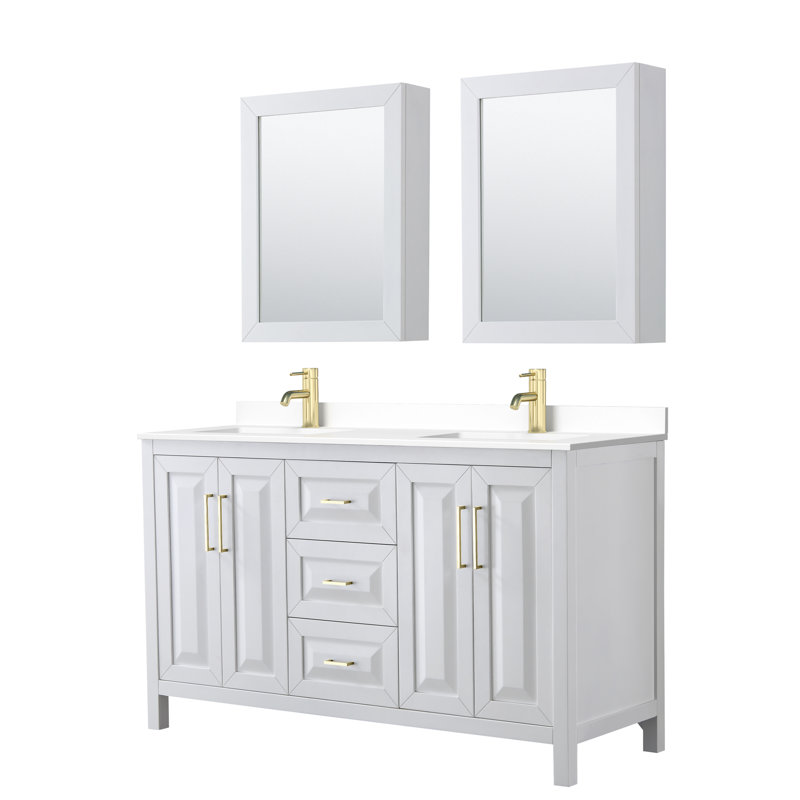 Ensemble de meuble-lavabo double 60 "avec miroir Daria, Blanc, Or brossé