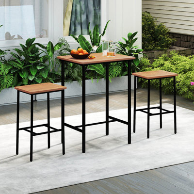 Ensemble de 3 barres de patio en bois d'acacia, hauteur de bar extérieur avec cadre en métal pour balcon