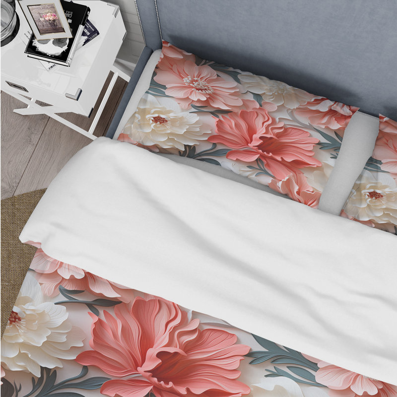 Literie discrète à motif tropical corail I, Housse de couette pour grand lit et 2 taies décor