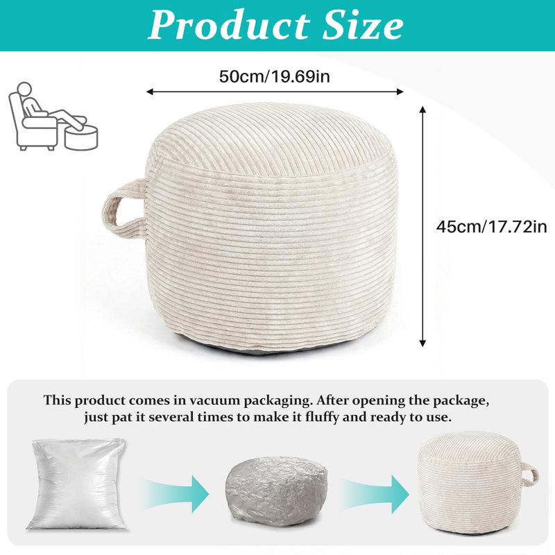 Stuffed Round Corduroy Pouf Ottoman, Shredded Foam Filled Footrest With Non-Slip Rubber Grips, Soft Fluffy & Easy To Move, Versatile Footstool For Couch