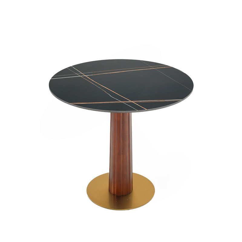Table de salle à manger ronde moderne, table en pierre frittée de 33,5 po avec pieds en bois et base dorée, table de cuisine pour 2 personnes pour un petit espace, capacité de poids de 150 lb (seulement la table de Négociation)