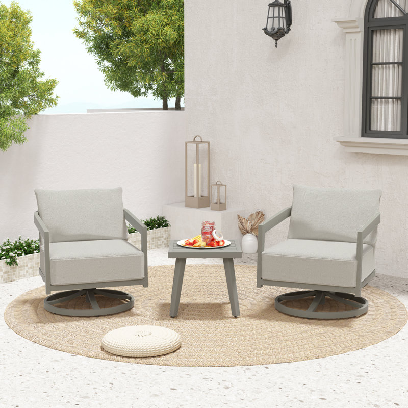 Heitzman 3-Piece Aluminum Patio Conversation Set With Swivel Chairs And Gray Cushions