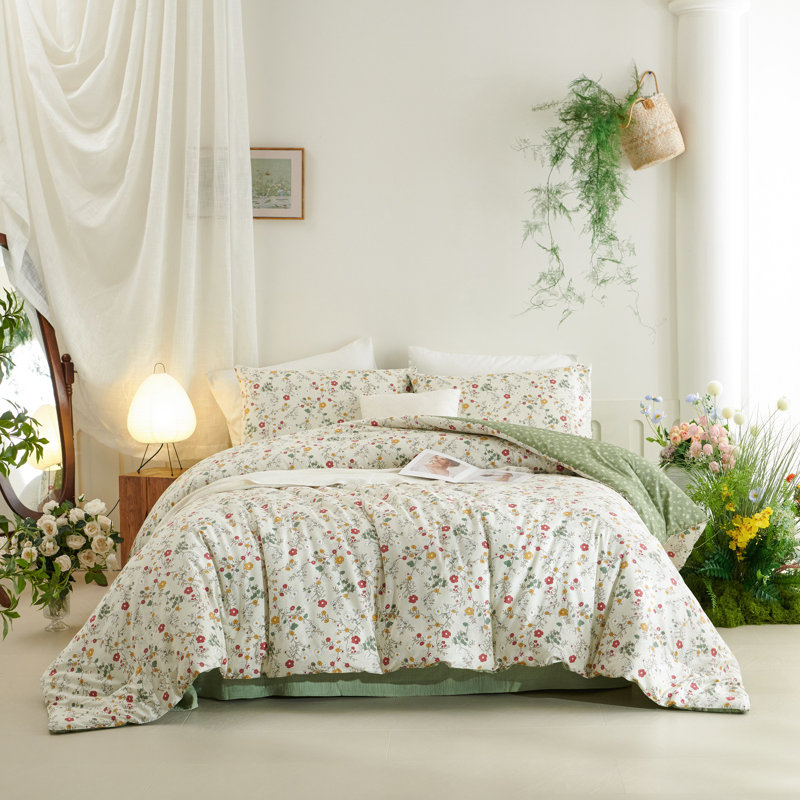 Bedding Set  Floral Comforter Set Printed Green Plants Colorful Flowers Comforter Soft Lightweight Cute