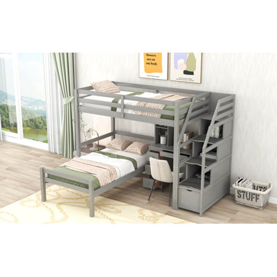 Lit mezzanine simple avec lit autonome, escalier de rangement, bureau, tablettes et tiroirs