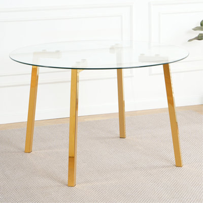 Table de salle à manger ronde moderne en verre de 47,2 po avec comptoir en verre transparent et pieds en métal plaqué or Modern